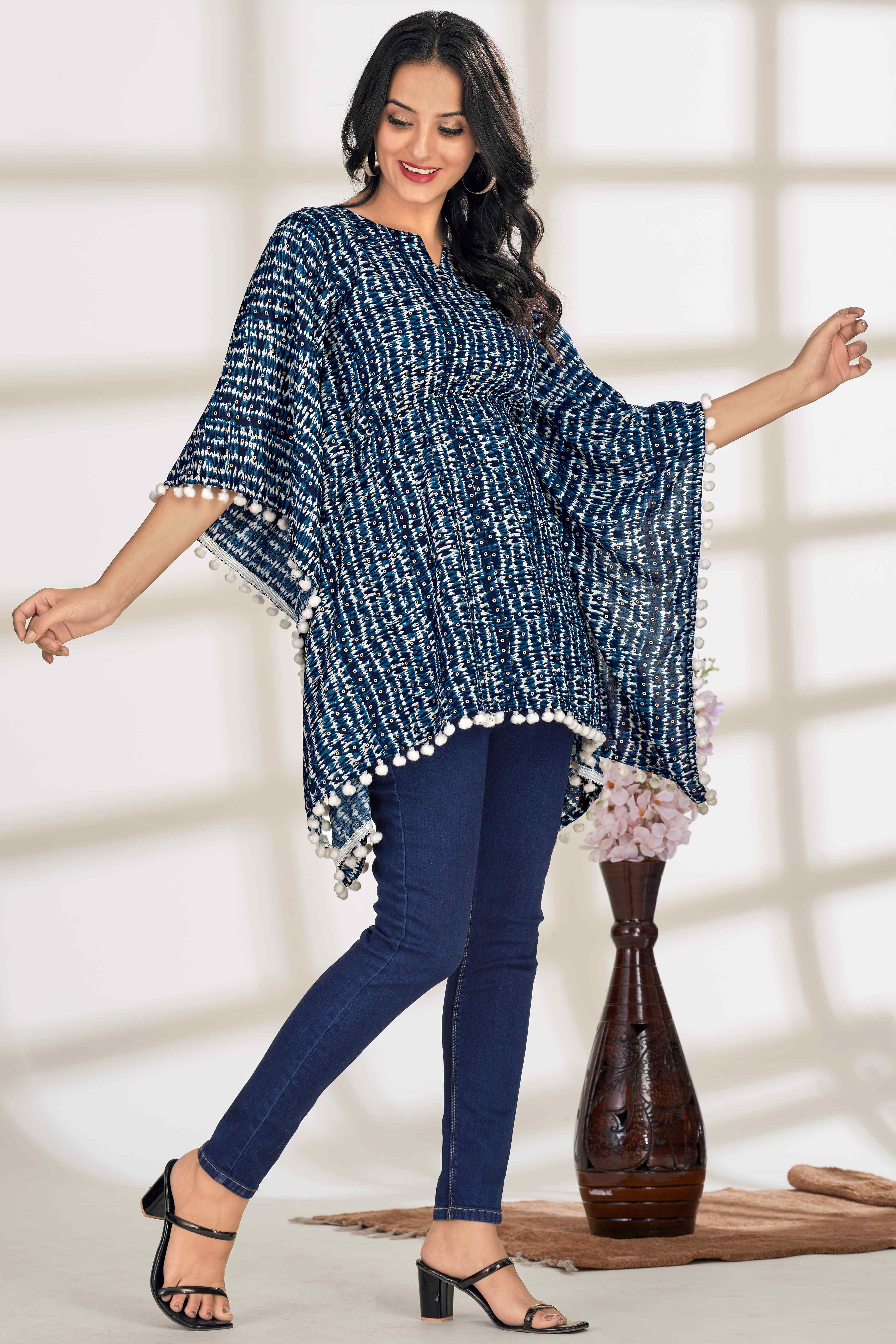 RAYON PRINTED KAFTAN WITH POM POM LACE