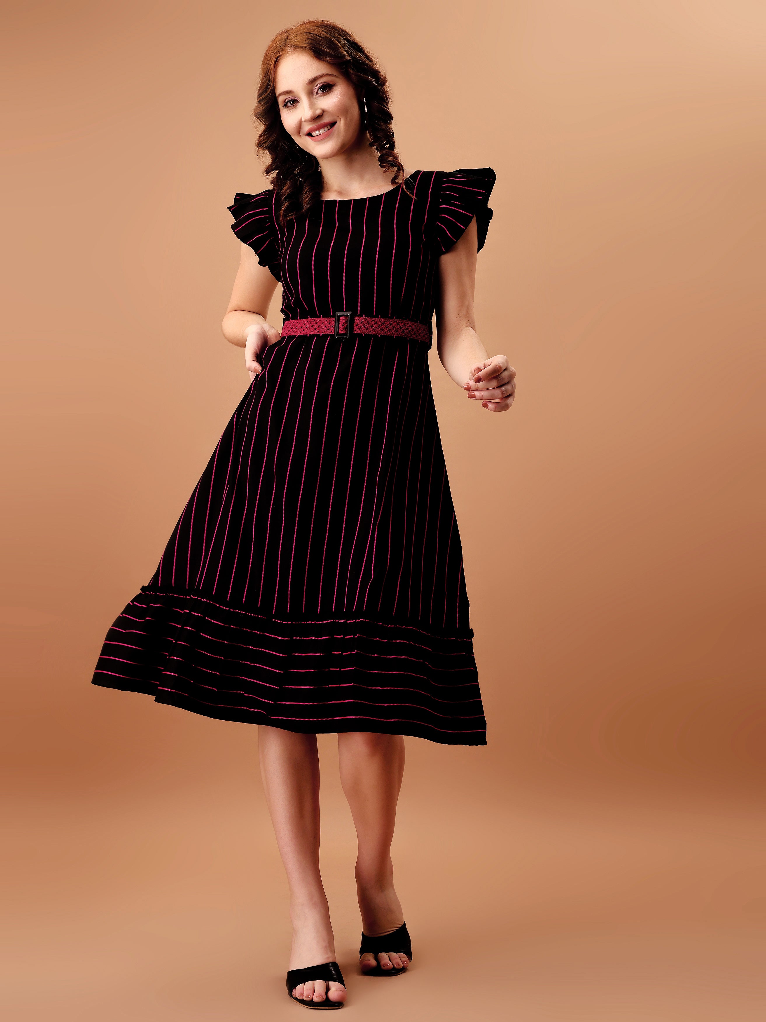 STRIPED WESTERN DRESS WITH EMBROIDERED BELT